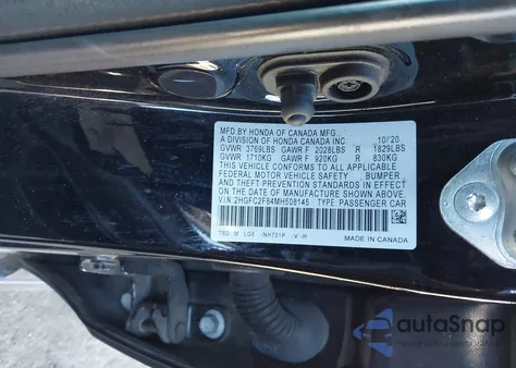 2021 Honda Civic Sport z USA, uszkodzony, nr VIN 2HGFC2F84MH508145